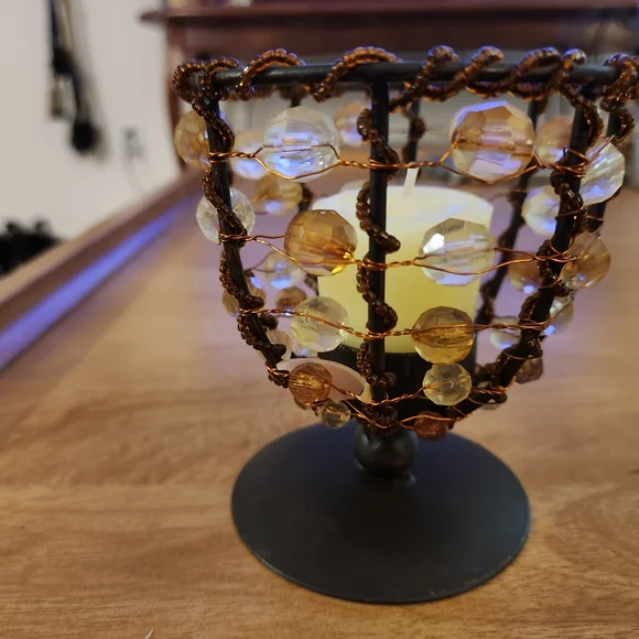 Beaded Candle Holder with Brown and Clear Accents - Picture 2 of 10